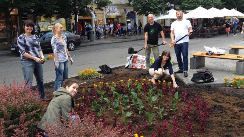 Sázení květin na Václavské náměstí